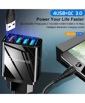 Carregador USB Carregamento Rápido Qualcomm 3.0 com 4 Portas USB para telemóvel Android ou iPhone