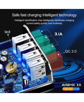 Carregador USB Carregamento Rápido Qualcomm 3.0 com 4 Portas USB para telemóvel Android ou iPhone