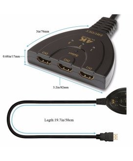 Cabo Adaptador HDMI Switch 3* HDMI para 1* HDMI, com seletor, 4K