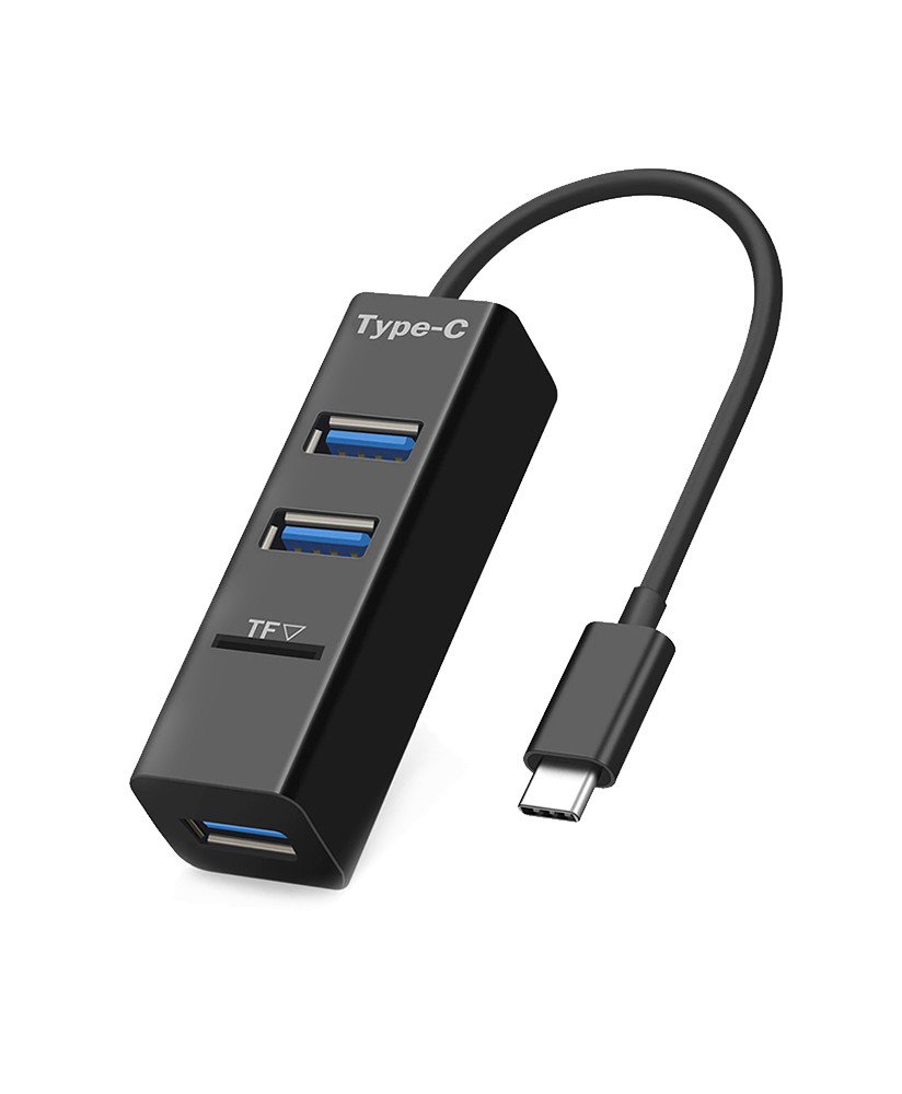 HUB USB Tipo-C Com 3 Portas USB 2.0 e Leitor de Cartões Micro SD - Preto