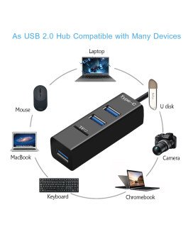 HUB USB Tipo-C Com 3 Portas USB 2.0 e Leitor de Cartões Micro SD - Preto