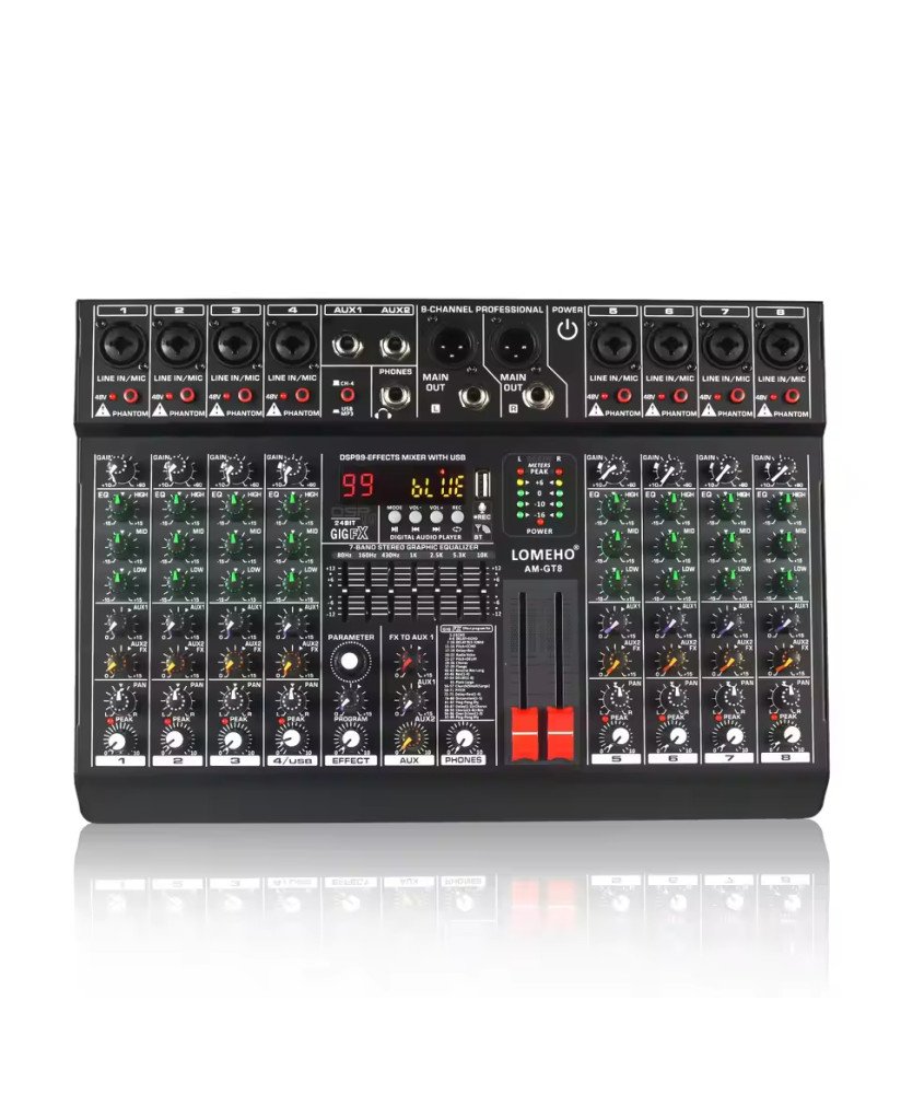 Mesa de Mistura (de Som) de 8 Canais, com Suporte Bluetooth, 99 Efeitos e 48V - Lomeho by Goeik